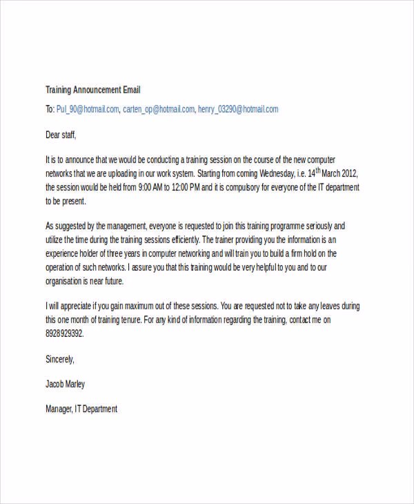 When should you send a training email announcement?