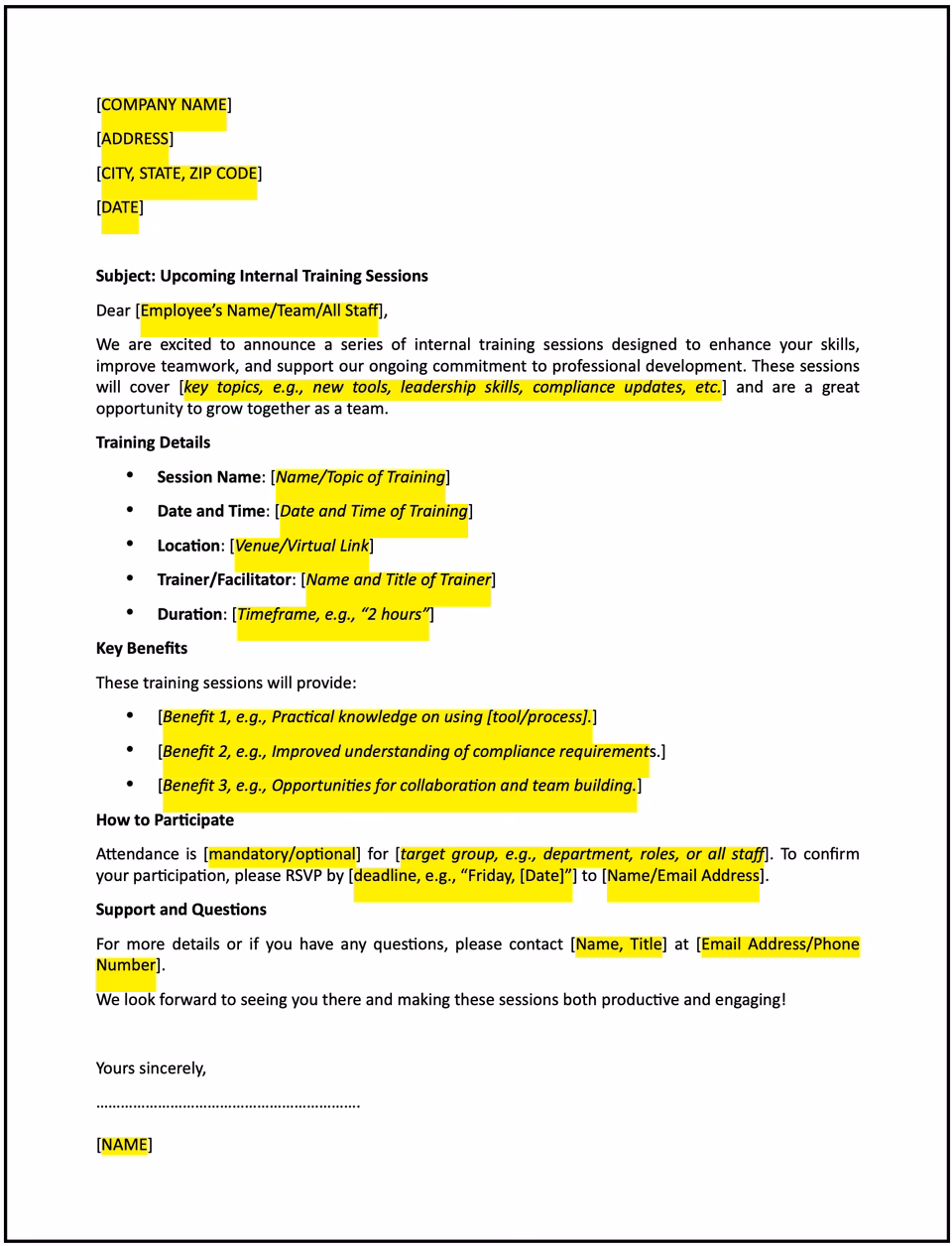 What should a training announcement include?