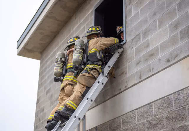 How do firefighters remove victims down a ground ladder?