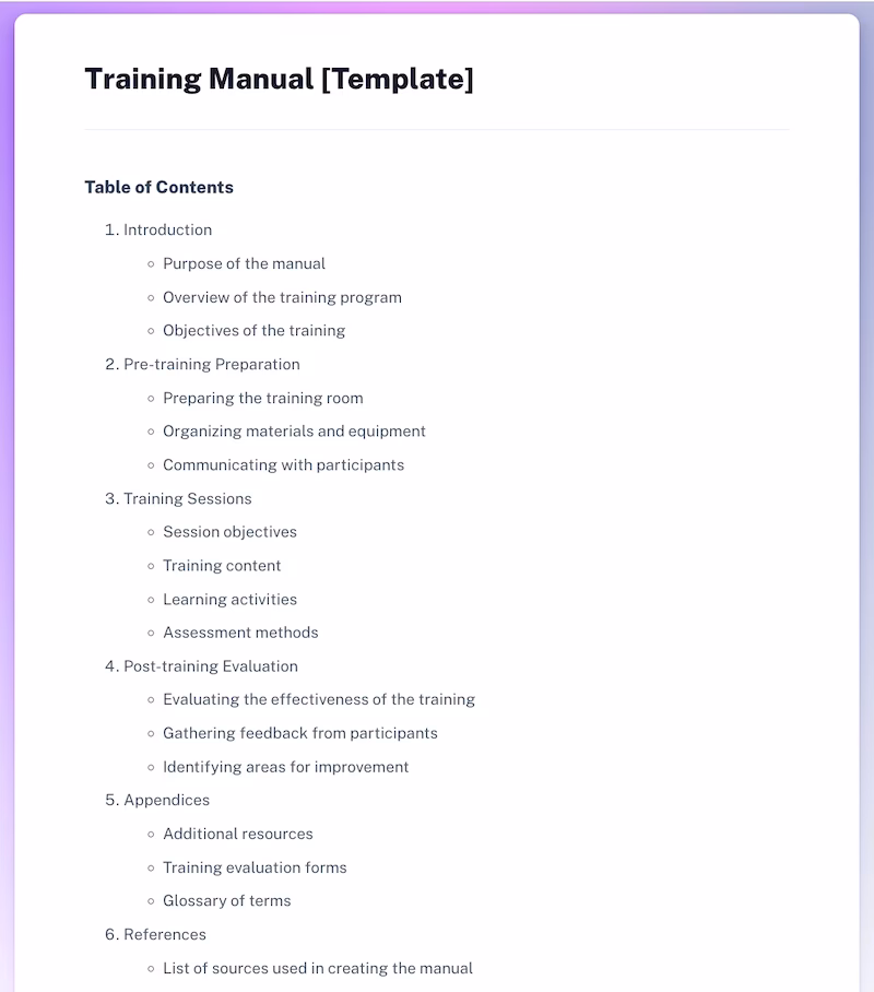 How do you organize a training manual?
